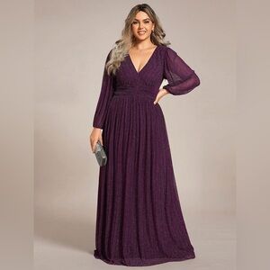 🆕 Plus Size Dazzling Empire Waist See-Through Long Sleeves A-Line Evening Dress